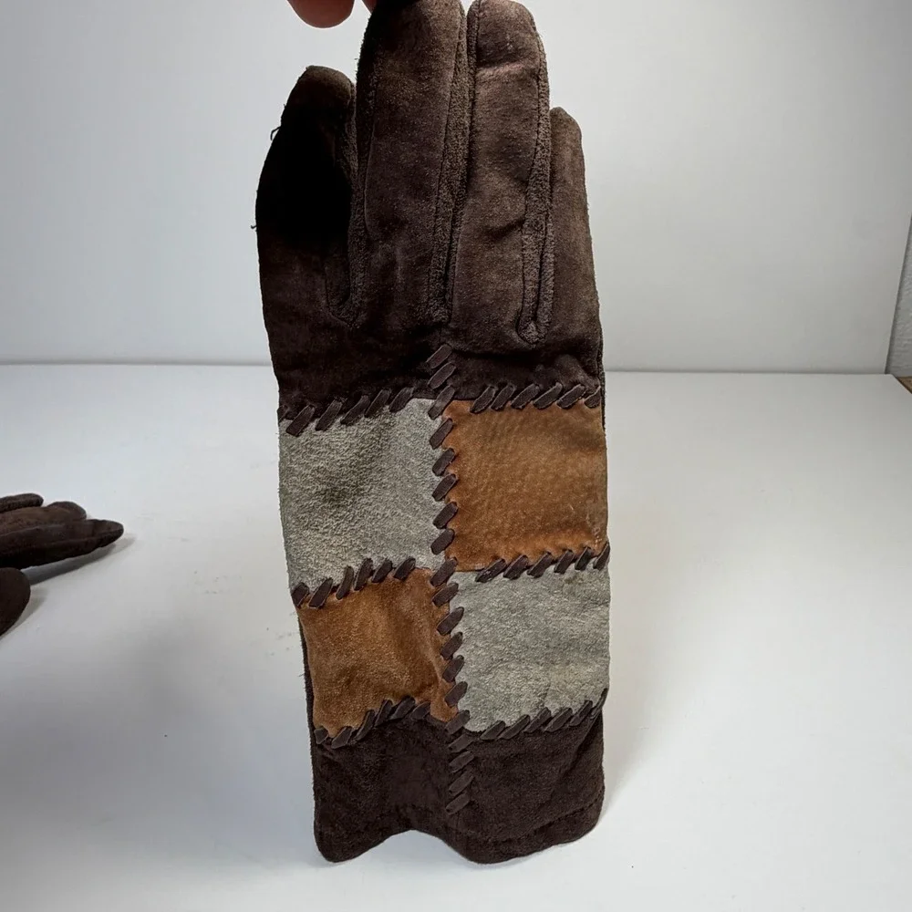 Vintage Faux Suede Gloves Orvis Womens One Size Patchwork Brown Boho Western